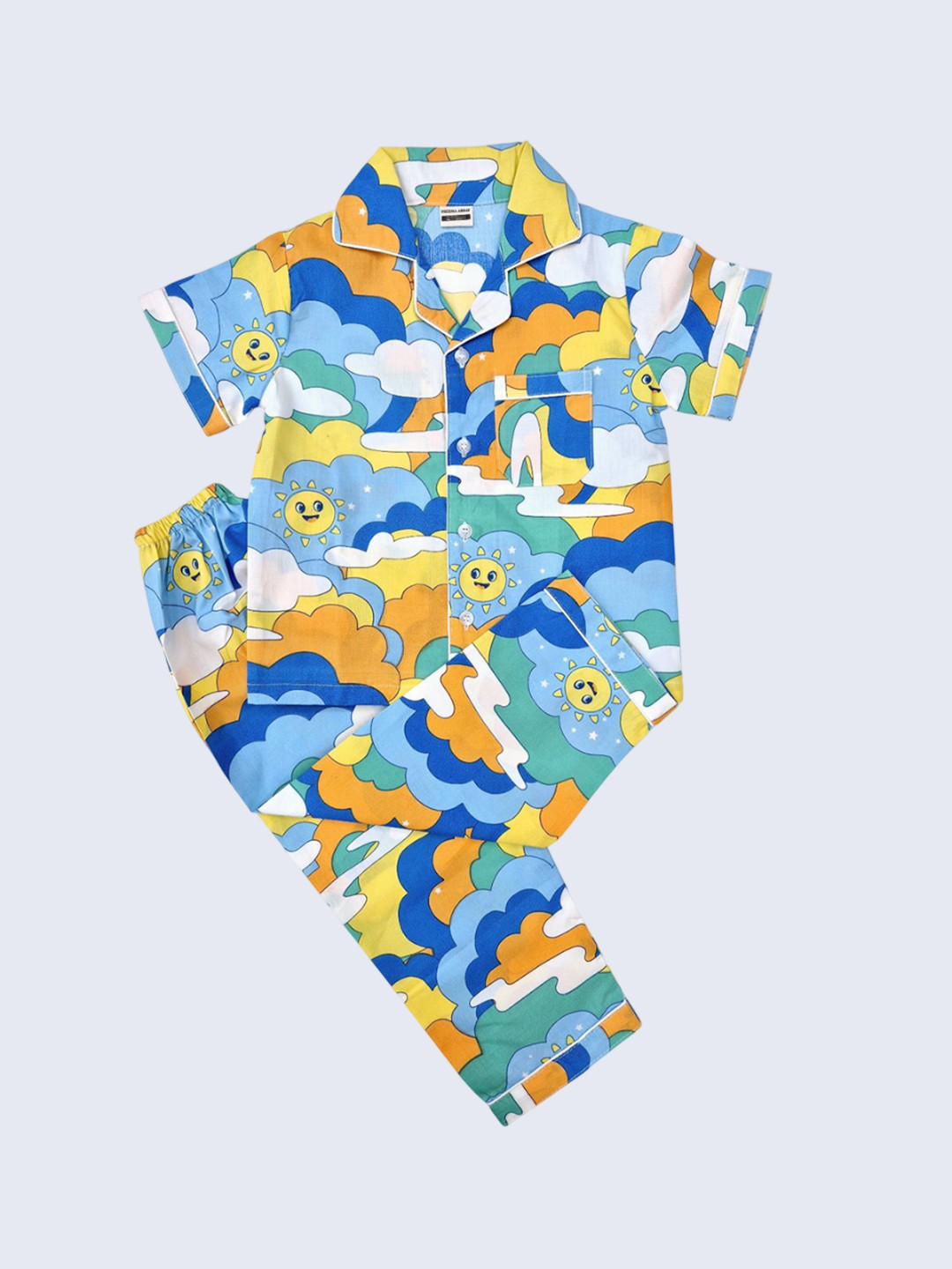 Freesia Array Unisex Kids Abstract Printed Lapel Collar Pure Cotton Shirt With Pyjama