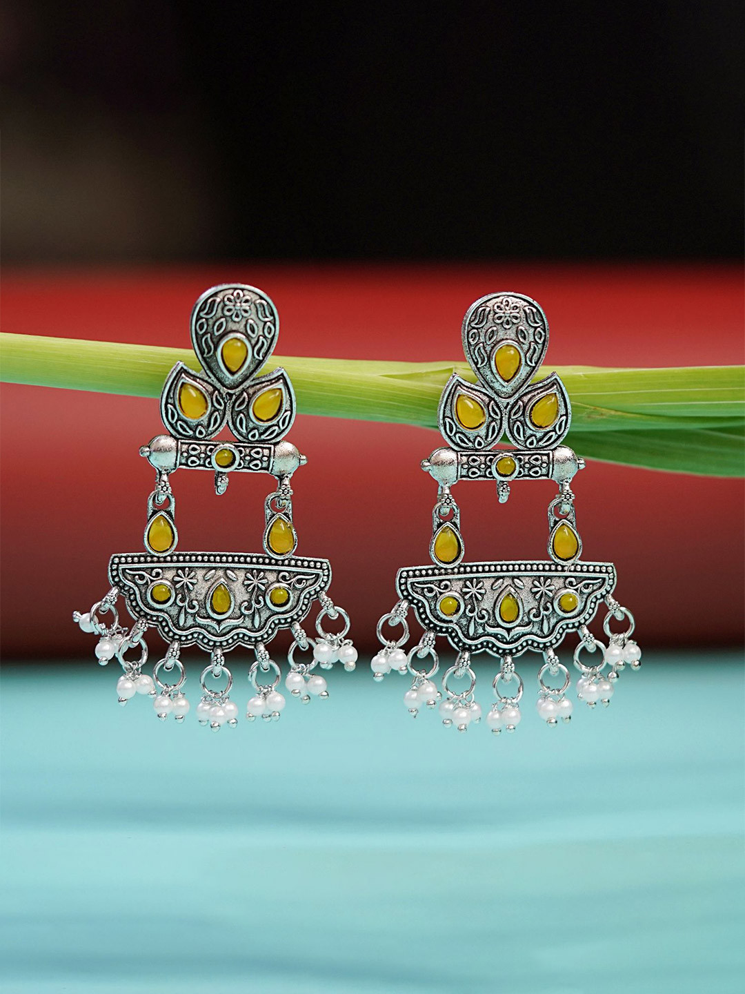 Zoey German Silver-Plated Stones Studded & Beaded Paisley Shaped Oxidised Drop Earrings