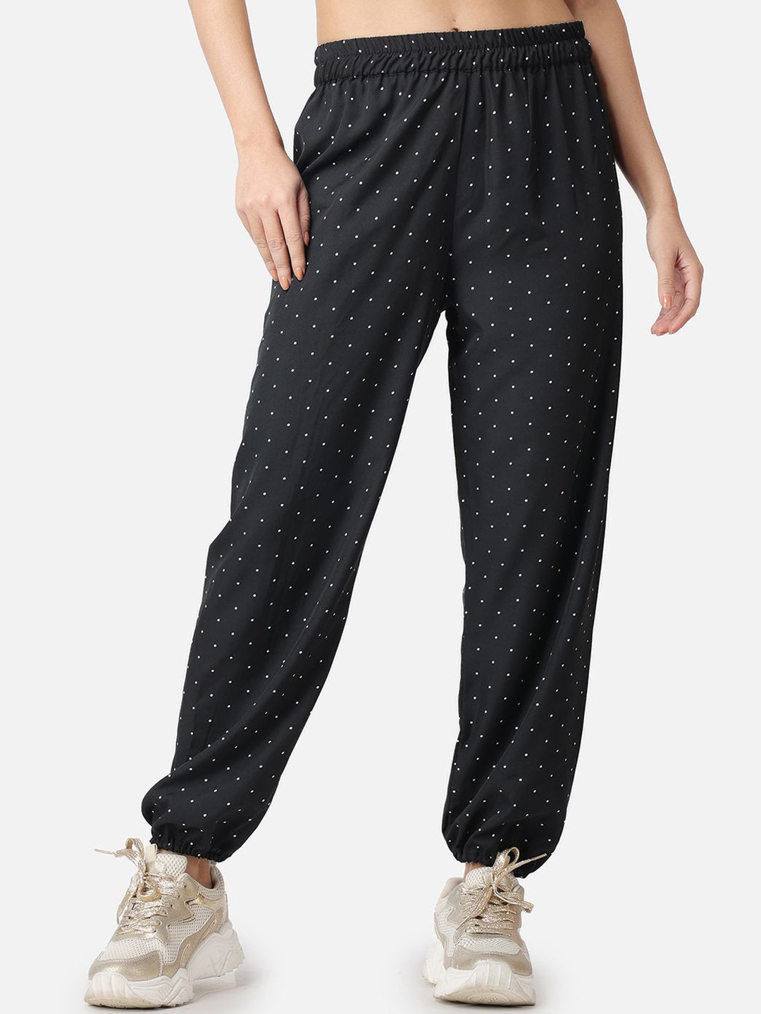 Popwings Women Polka Dot Printed Relaxed Loose Fit High-Rise Easy Wash Joggers Trousers