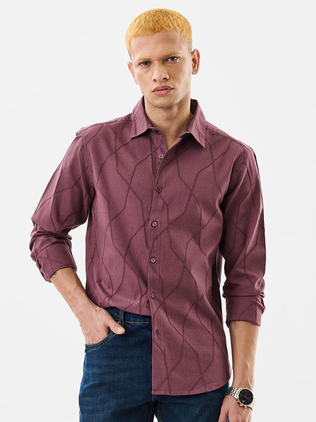 Snitch Men Slim Fit Burgundy Textured Shirt