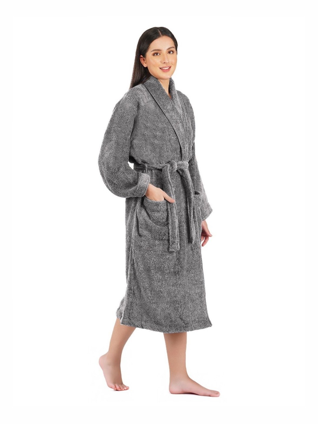 RANGOLI Canningvale, 550 GSM Grey Solid Cotton Drawstring Midi Bath Robe-XL