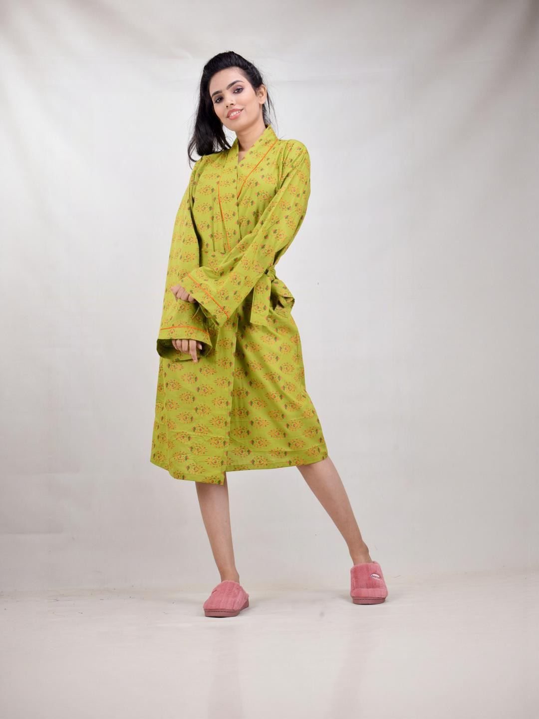 CLYMAA Olive Pure Cotton Maxi Printed Nightdress