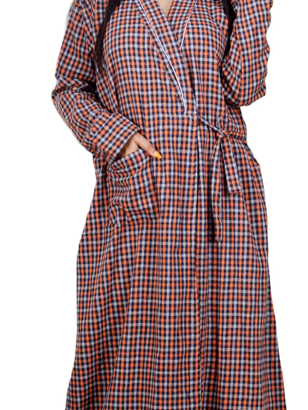 CLYMAA Orange Wool Blend Maxi Checked Nightdress