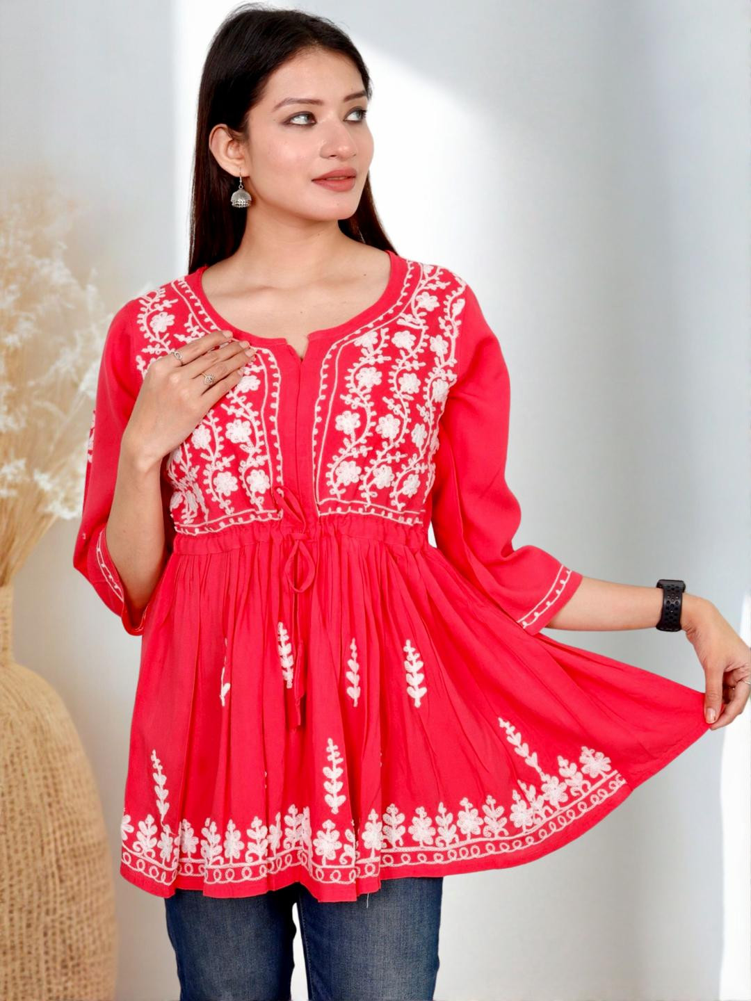 myplusfashion Chikan Top for Women Aari Work Chikan Flared Top Tunic