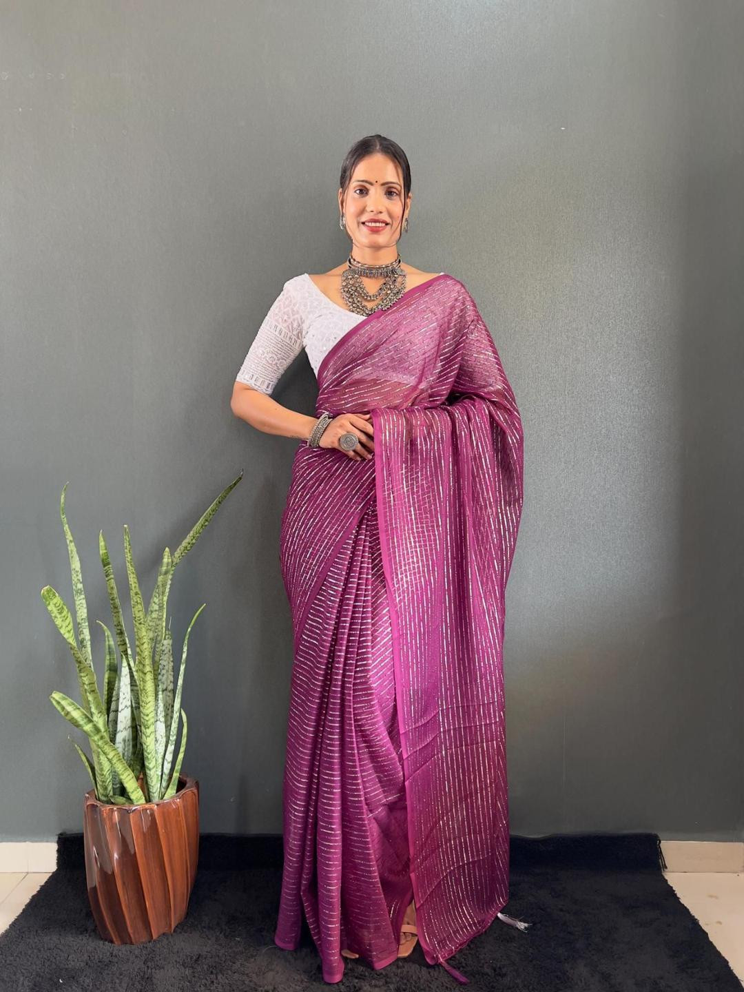 AQUILIQ Purple Ombre printed saree with solid border And Chikan Kari blouse Piece