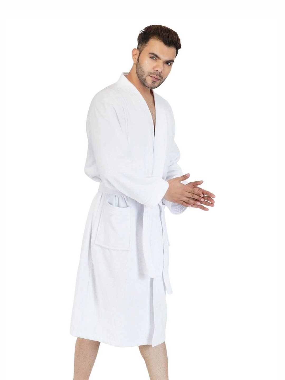 RANGOLI Noble, 400 GSM White Solid Cotton Drawstring Midi Bath Robe-S