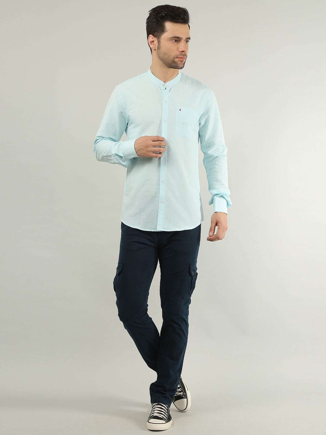 TIM PARIS Regular Fit Band Collar Pure Cotton Casual Shirt