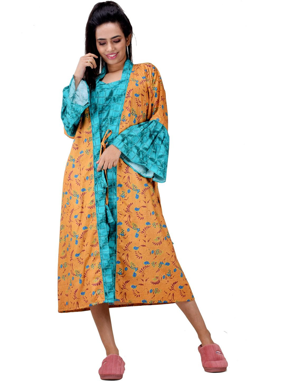 CLYMAA Gold Pure Cotton Maxi Printed Nightdress