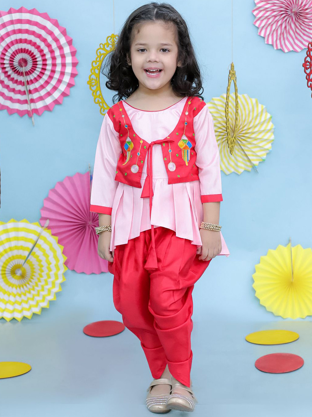 KID1 Girls Solid Kurti with Dhoti Pant & Jacket