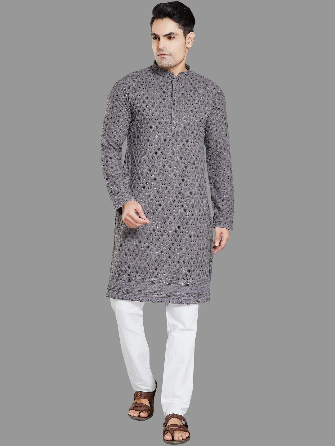 PulseIQ Grey Viscose Rayon Solid Kurta Sets