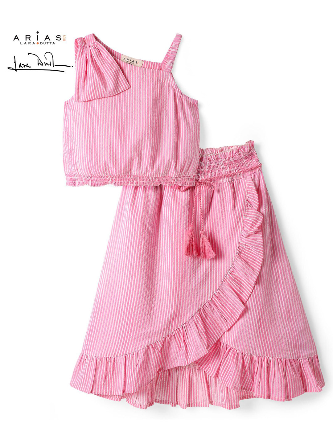 ARIAS By LARA DUTTA Girls Striped Pure Cotton Top with Skirt