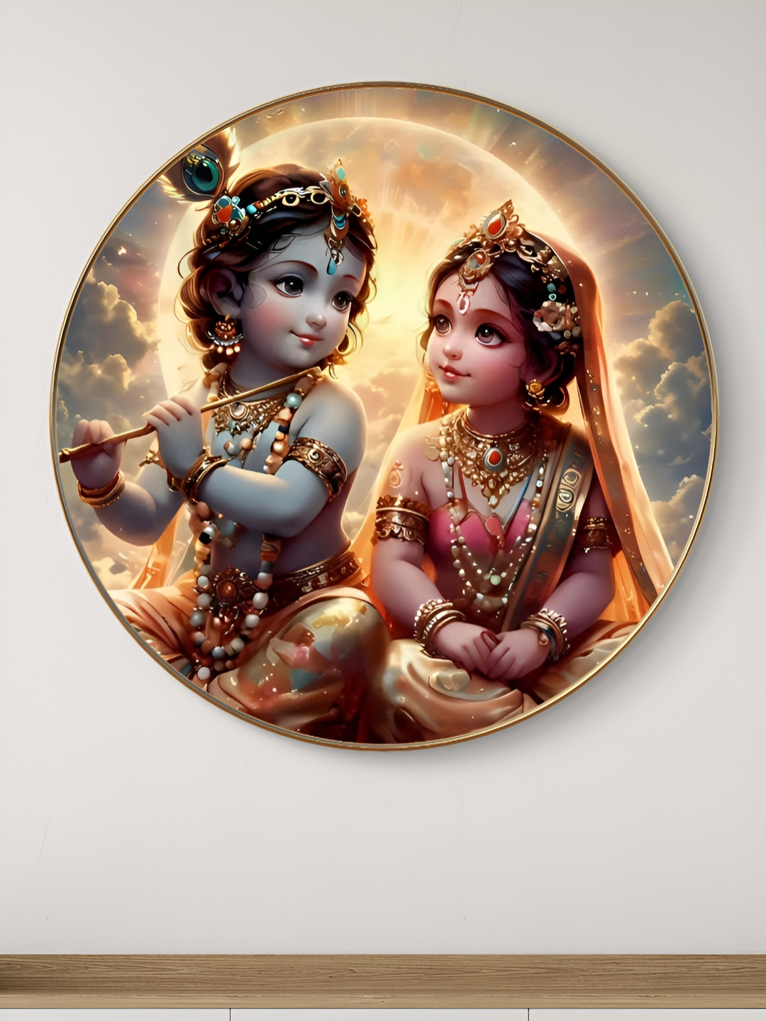 SAF Krishna And Radha Wood Wall Round Paintings Wall Art -16 x 16 In