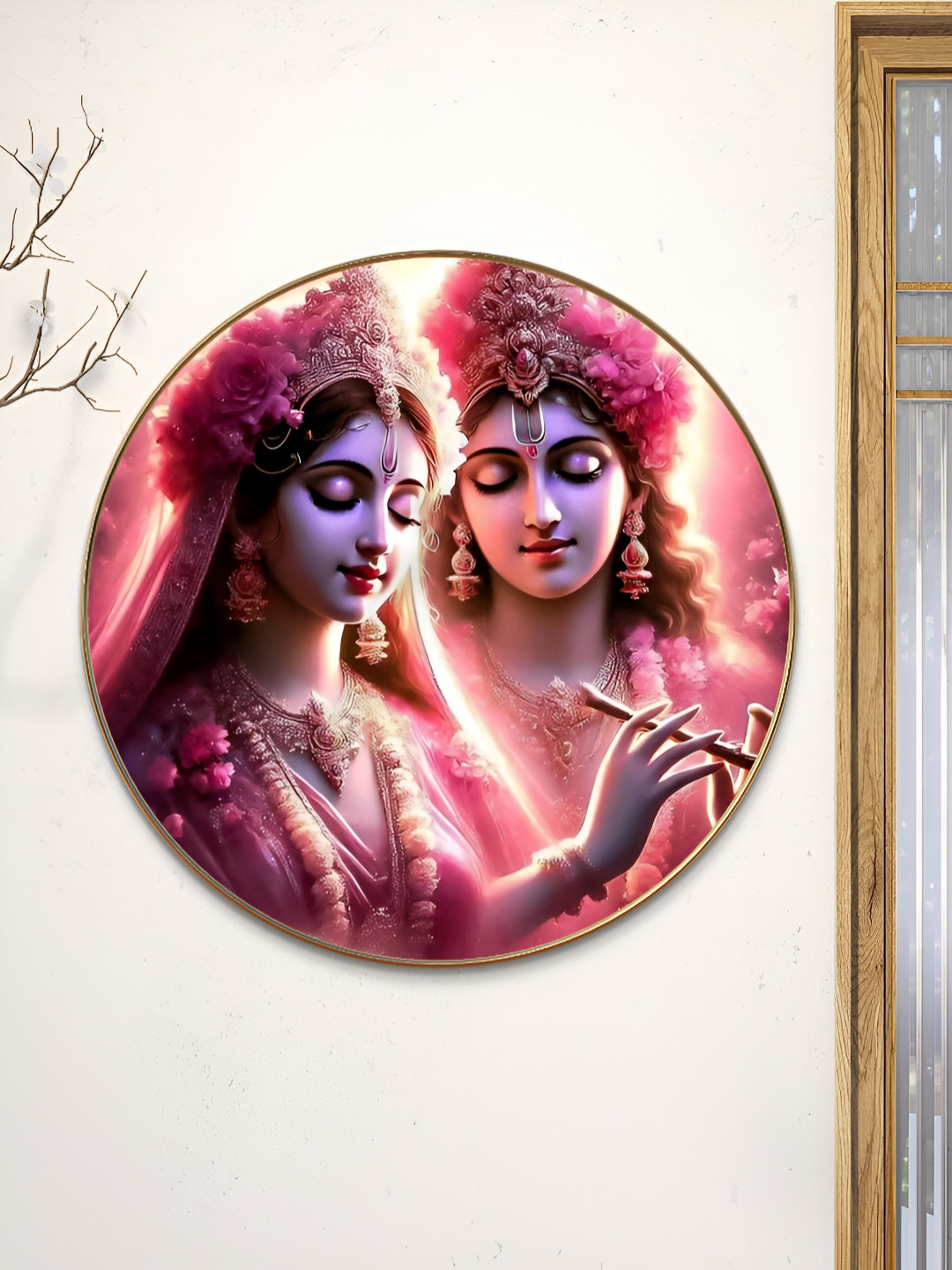 SAF Radha Krishna Wood Wall Round Paintings Wall Art -16 x 16 In