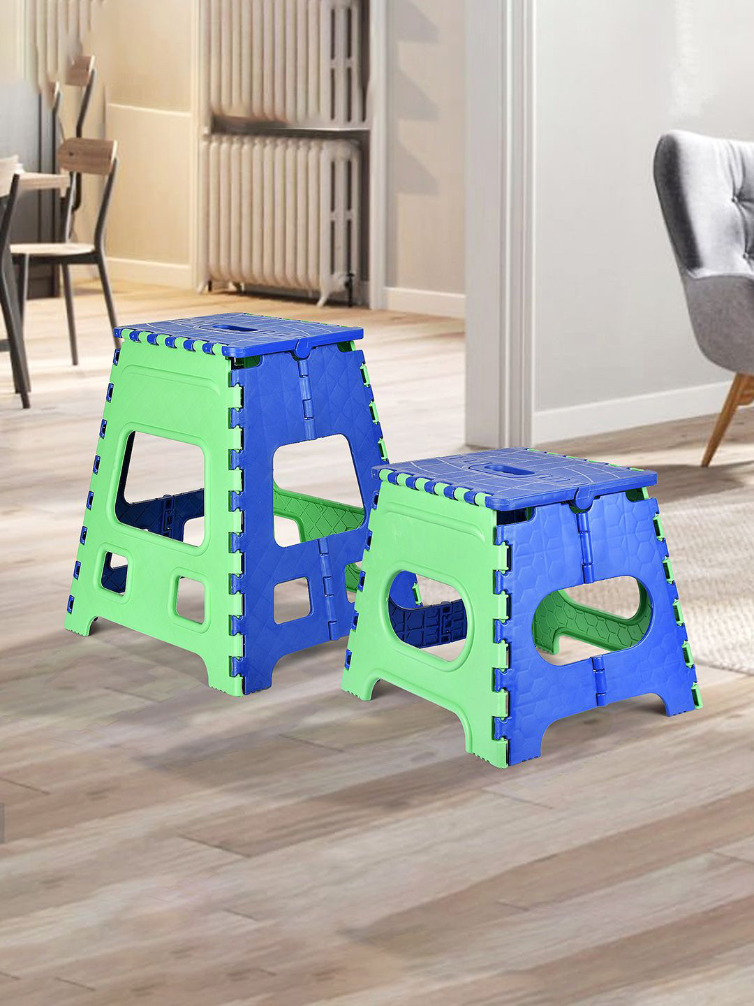 Kuber Industries 2-Pcs Green & Blue Collapsible Stool