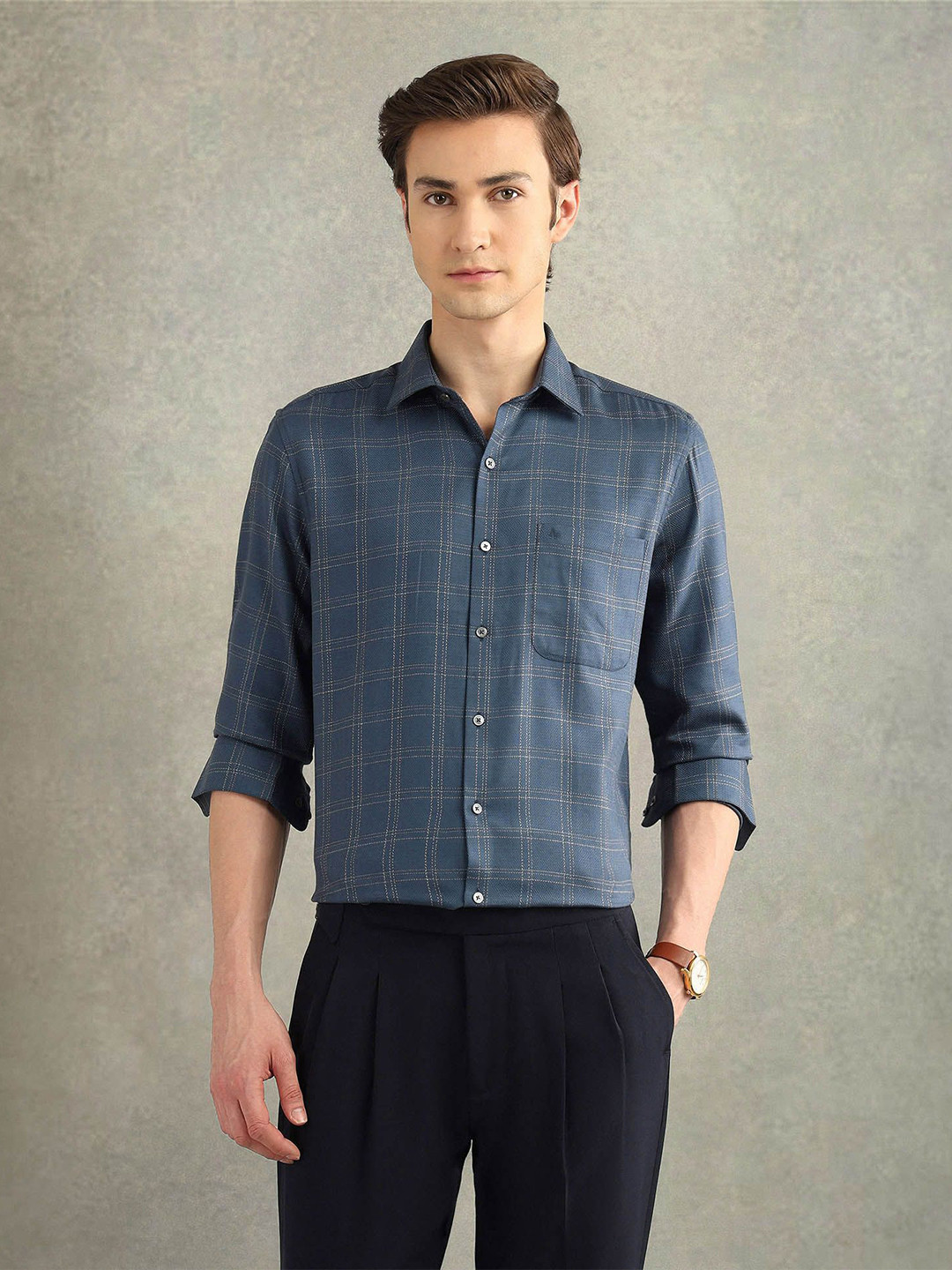 Arrow Italian Elegance Self Design Spread Collar Formal Cotton Shirt