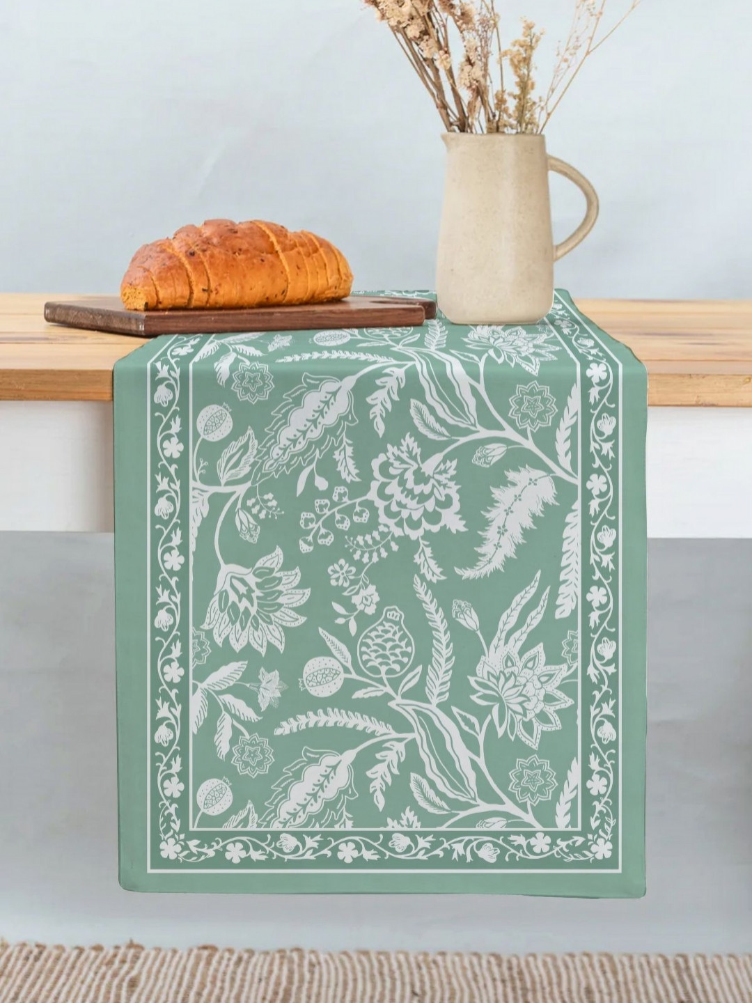 Peepul Tree Powder Green Floral Printed 4 Seater Cotton Table Runner