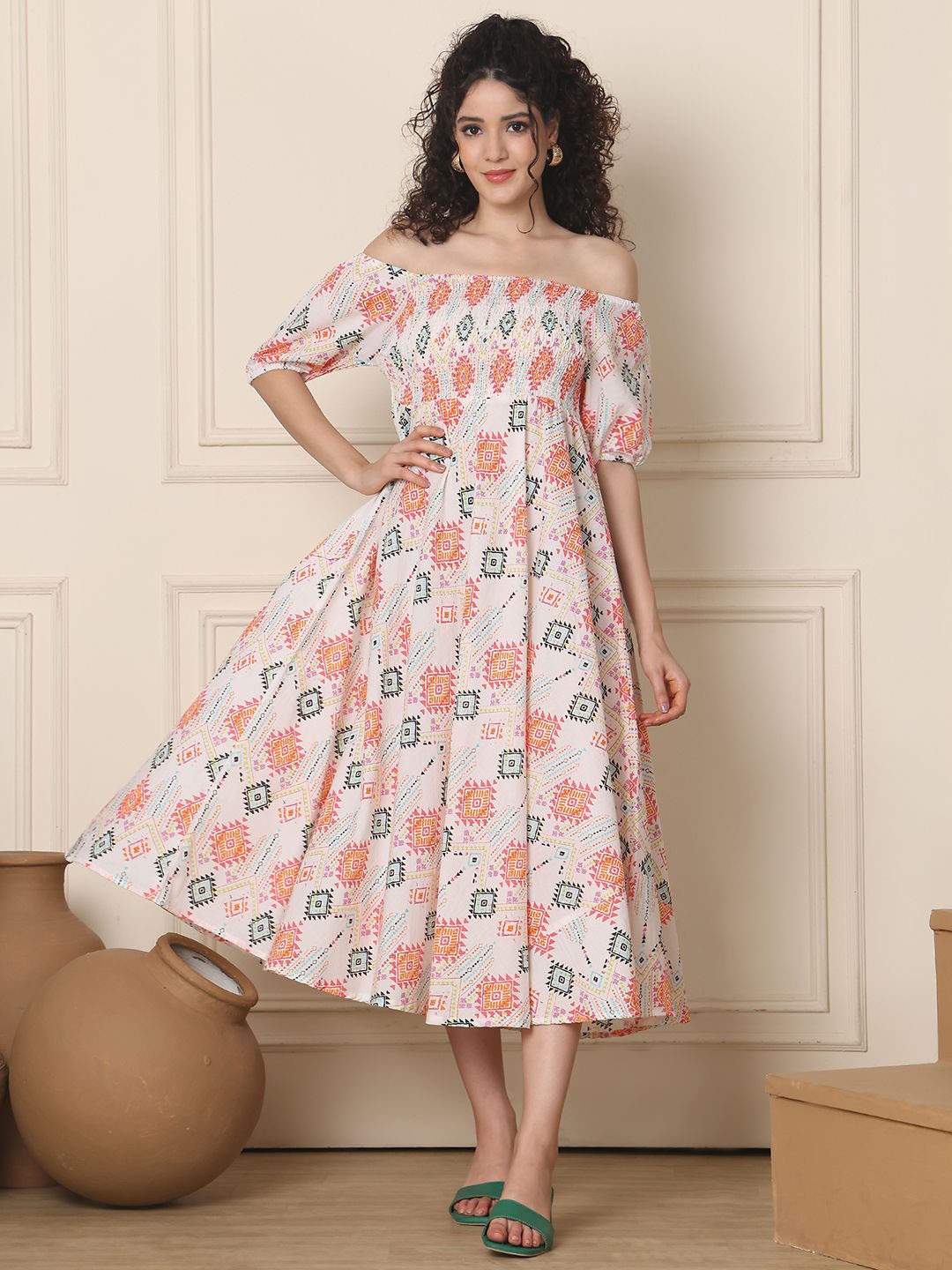 Aawari Summer Floral Women Geometric Printed Off-Shoulder Cotton Empire Midi Dress