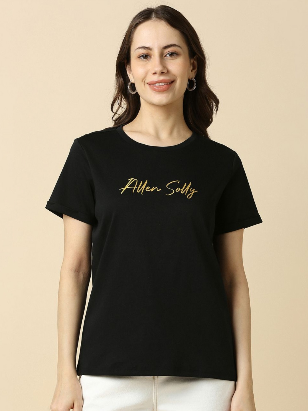 Allen Solly Woman Typography Printed Round Neck Cotton T-shirt