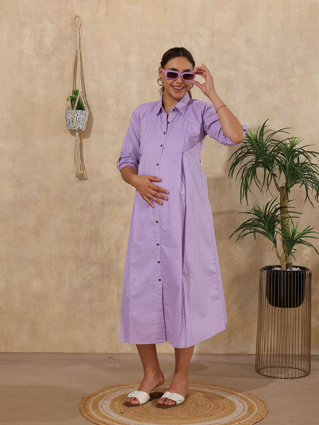 EASY MOM Shirt Collar Cotton Fit & Flare Midi Dress