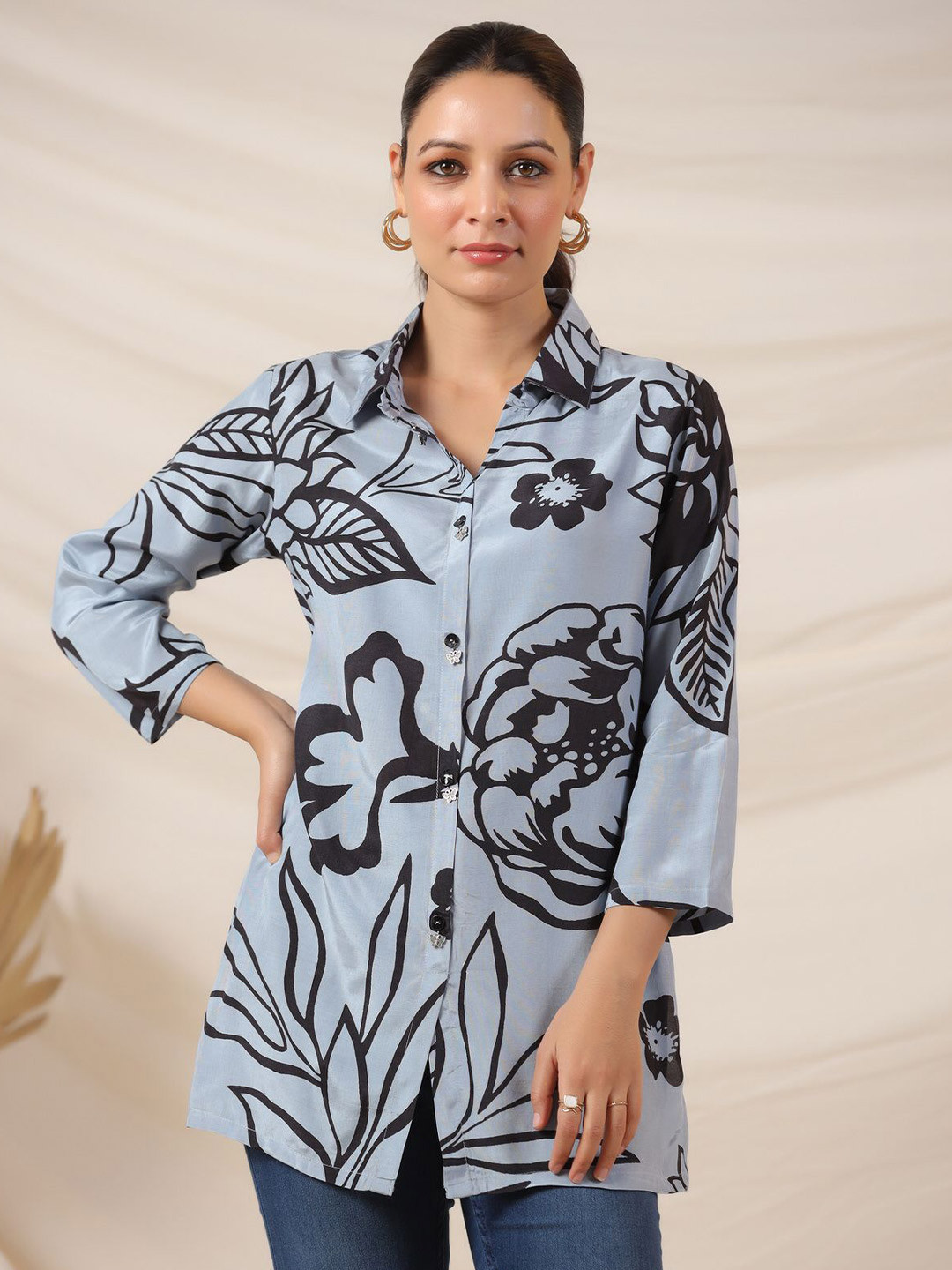 JISORA Women Blue Printed Russian Silk Top
