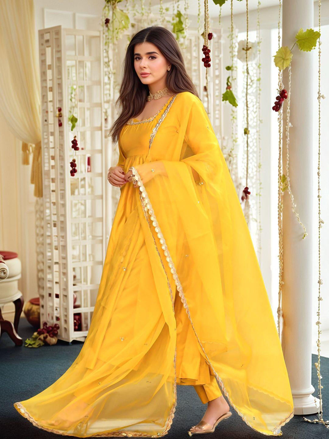 KALINI Women Yellow Rayon Blend Solid Anarkali Kurta Set With Dupatta