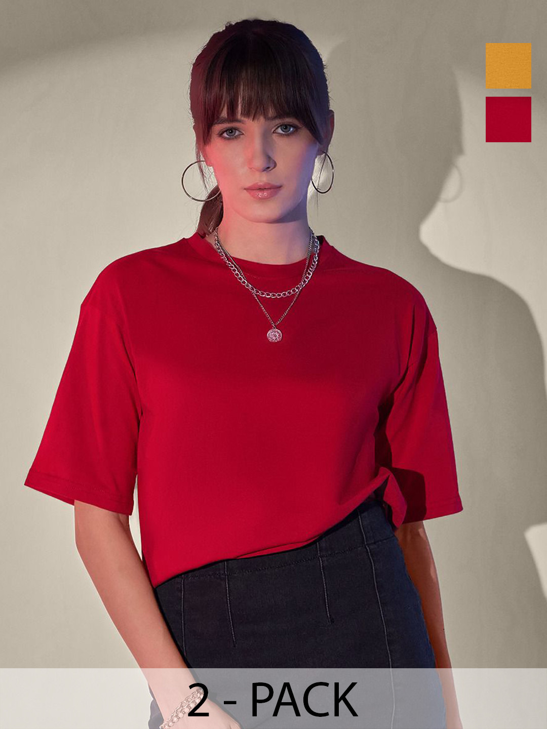 QIOA Pack Of 2 Round Neck Cotton Boxy T-shirts