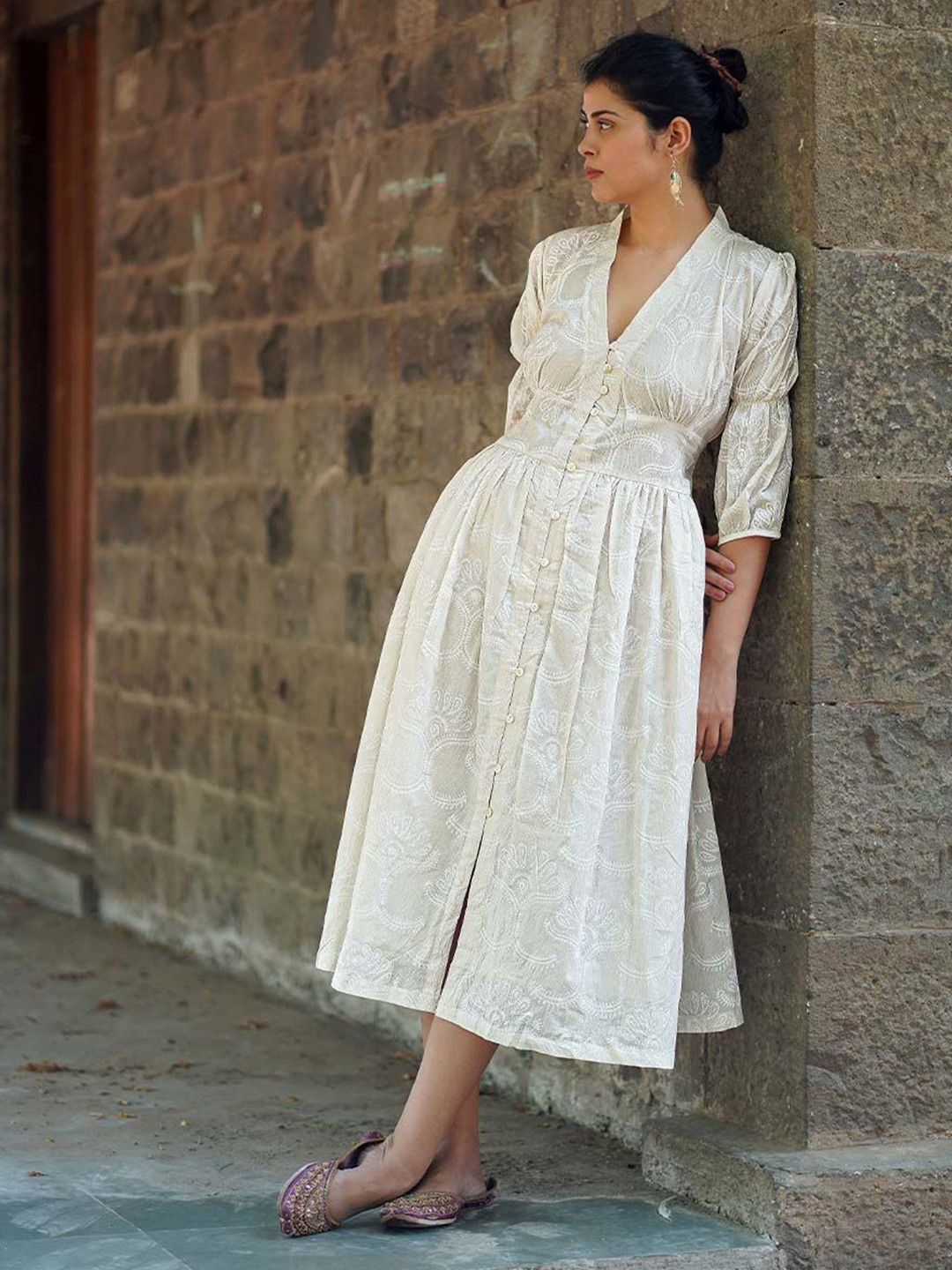 Chidiyaa Safed Dried Magnolia Ivory Block Printed Dress