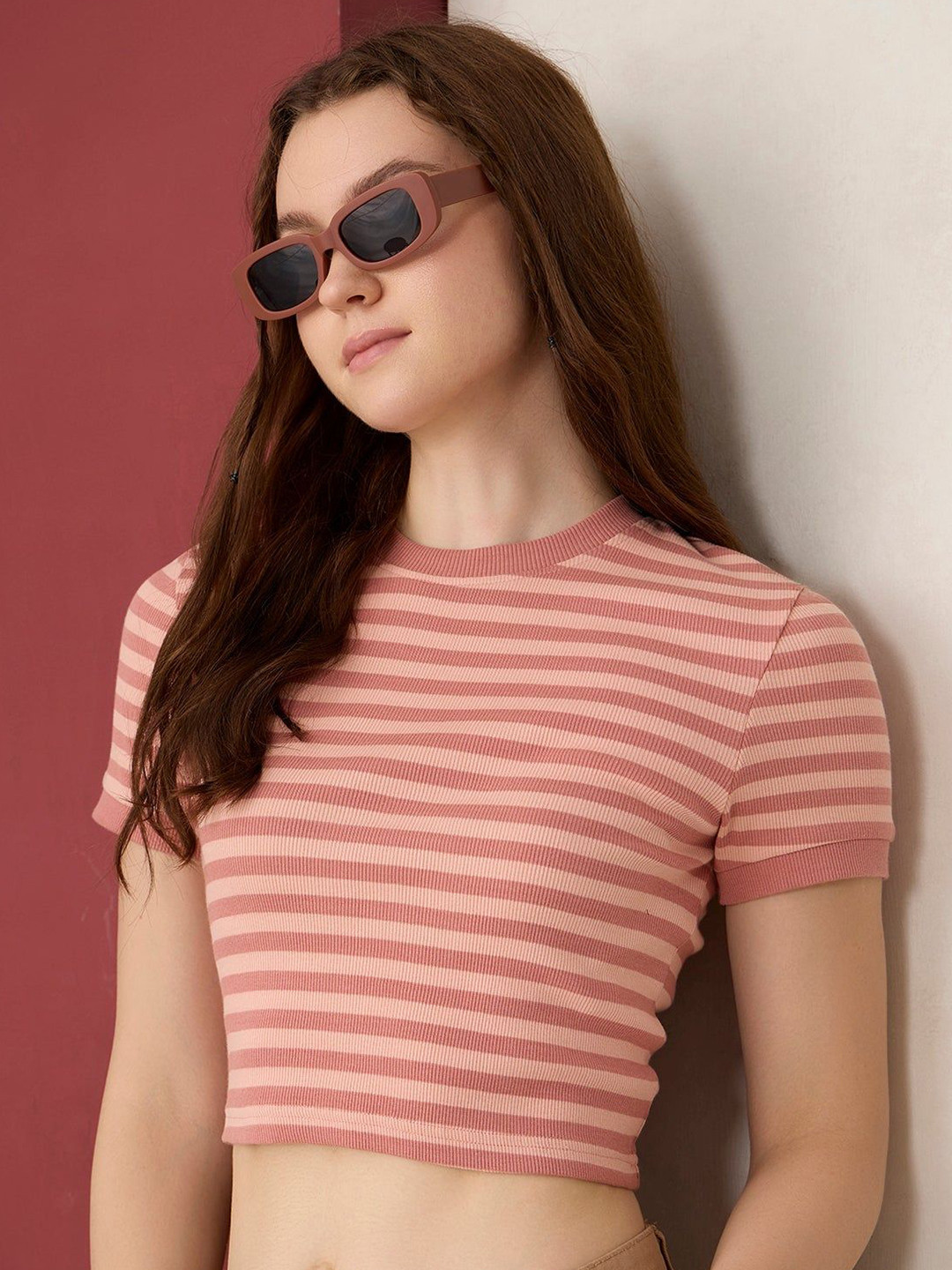 Outzidr Brown Striped Rib Crop Top