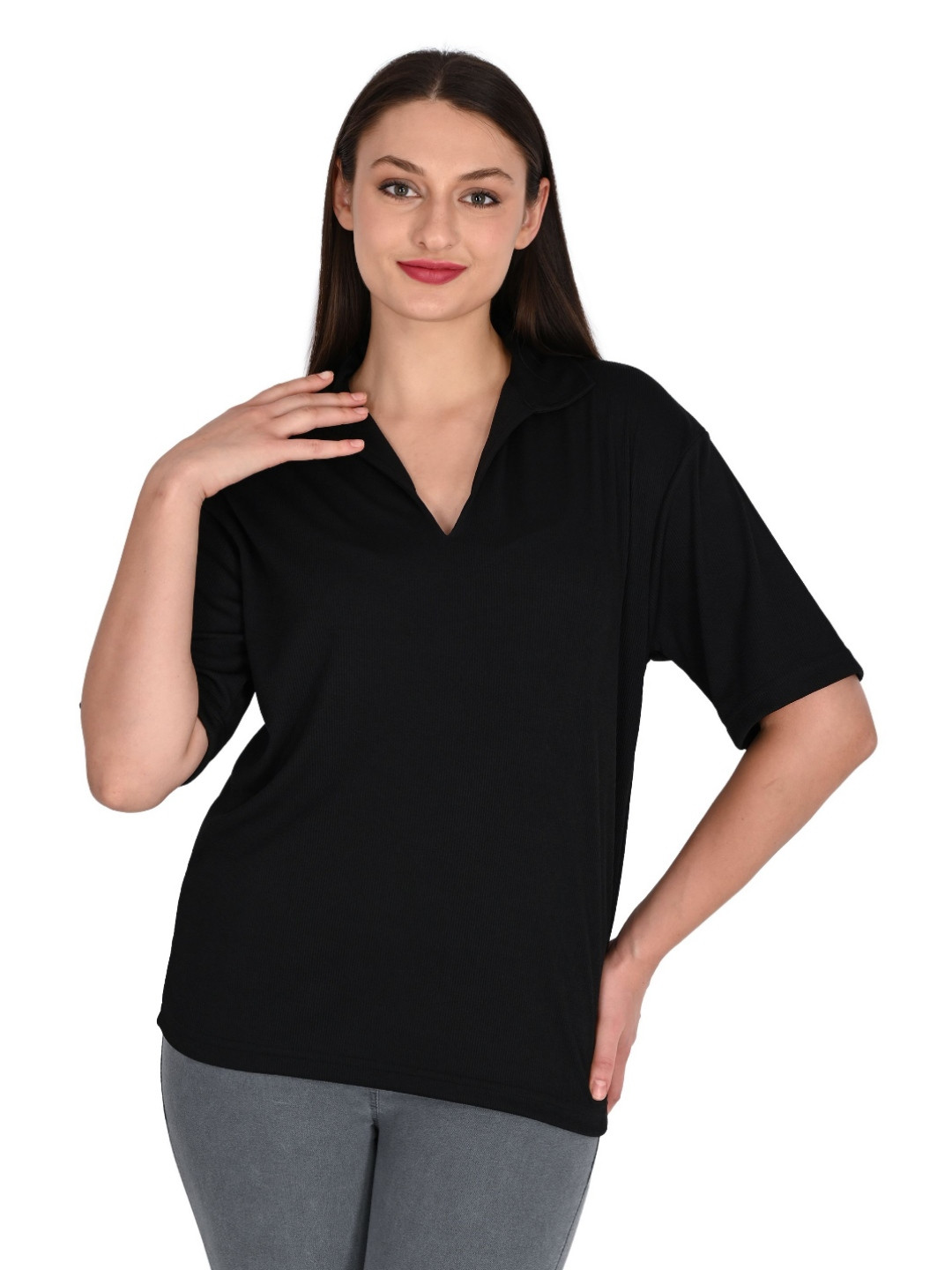 TRAQUILA Polo Collar Drop-Shoulder Sleeves Relaxed Fit Cotton T-shirt