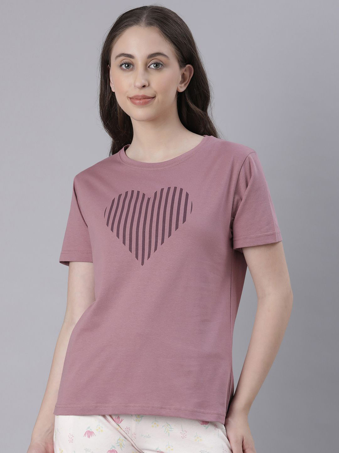 TWIN BIRDS Women Wistful Mauve Cotton Printed Relaxed Fit Tee