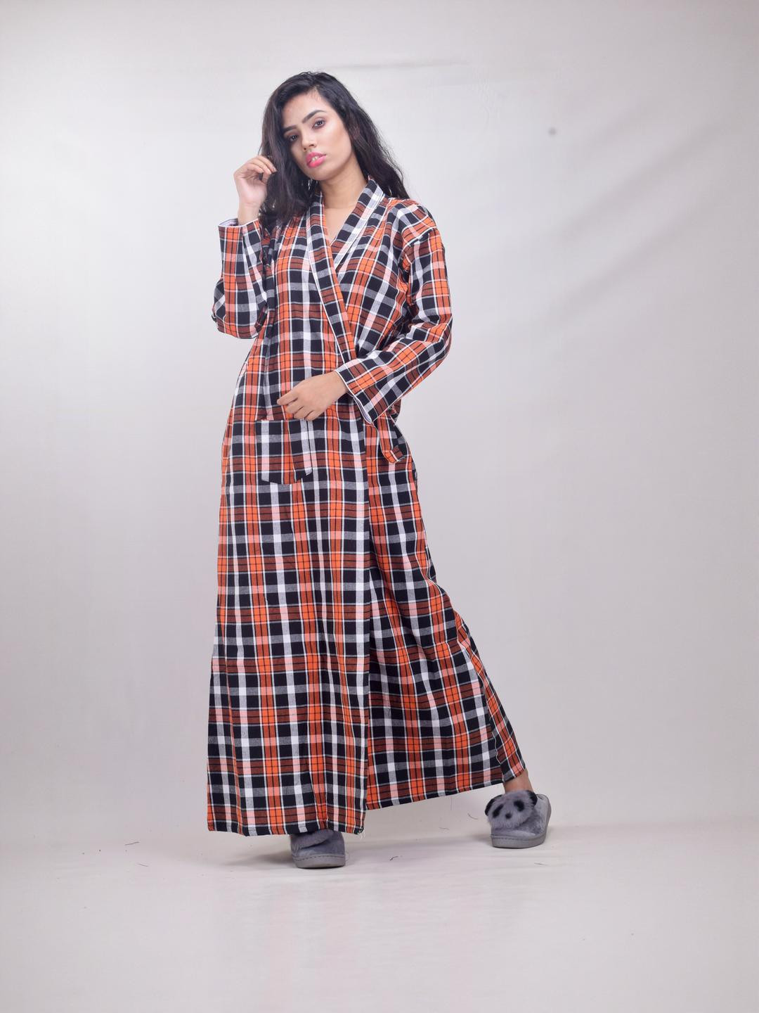 CLYMAA Orange Wool Blend Maxi Checked Nightdress