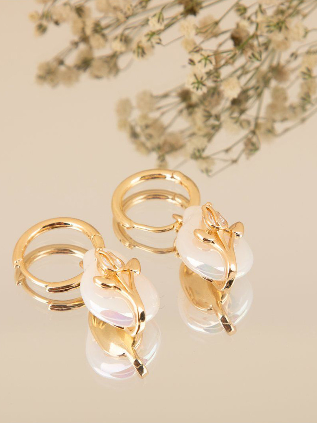 LA FILLE D'OR Gold-Plated Cubic Zirconia Studded Floral Shaped Hoop Earrings