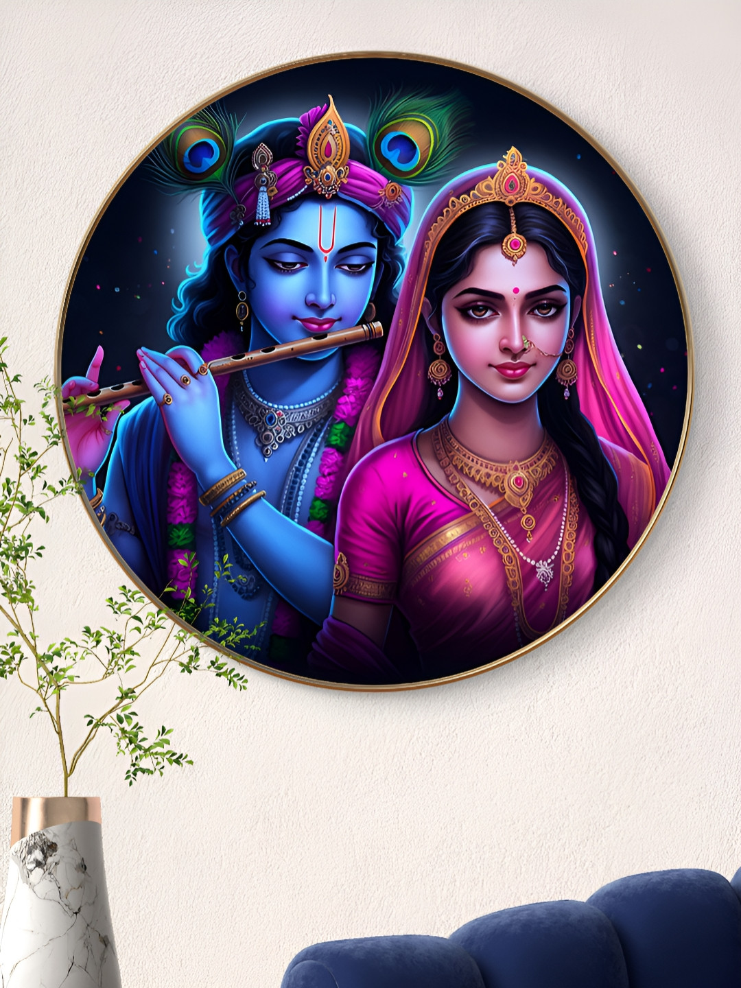 SAF Blue & Pink Radha Krishna Divine Love Religious Printed Wooden Wall Art