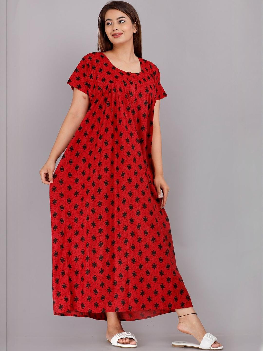 AAKARSHANA Red Pure Cotton Maxi Printed Nightdress
