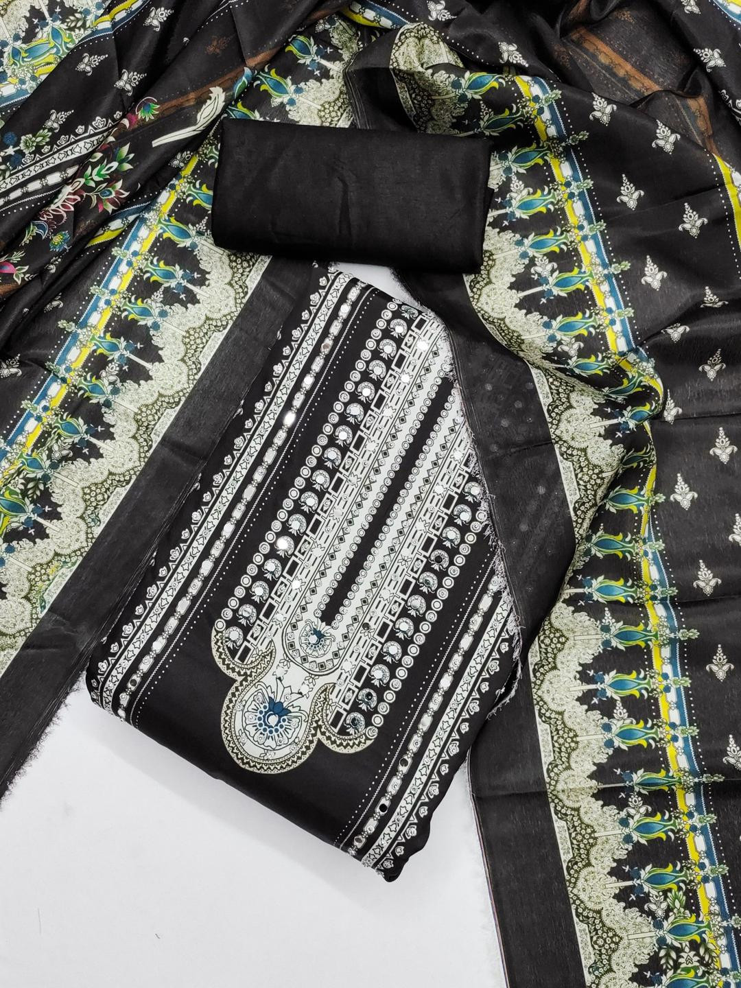 KALINI Black France Silk Digital Print Mirror & Diamond Work Unstitched Dress Material