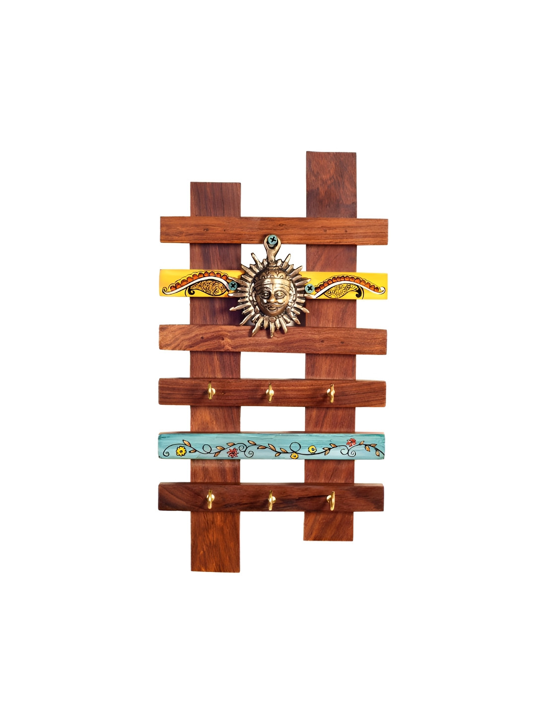 AAKRITI ART CREATIONS Brown & Yellow Wooden Taksha Key Hanger With Mask Motifs