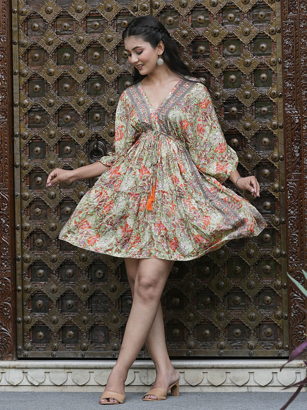 YASH GALLERY Women Floral Print Batwing Sleeve Kaftan Mini Dress