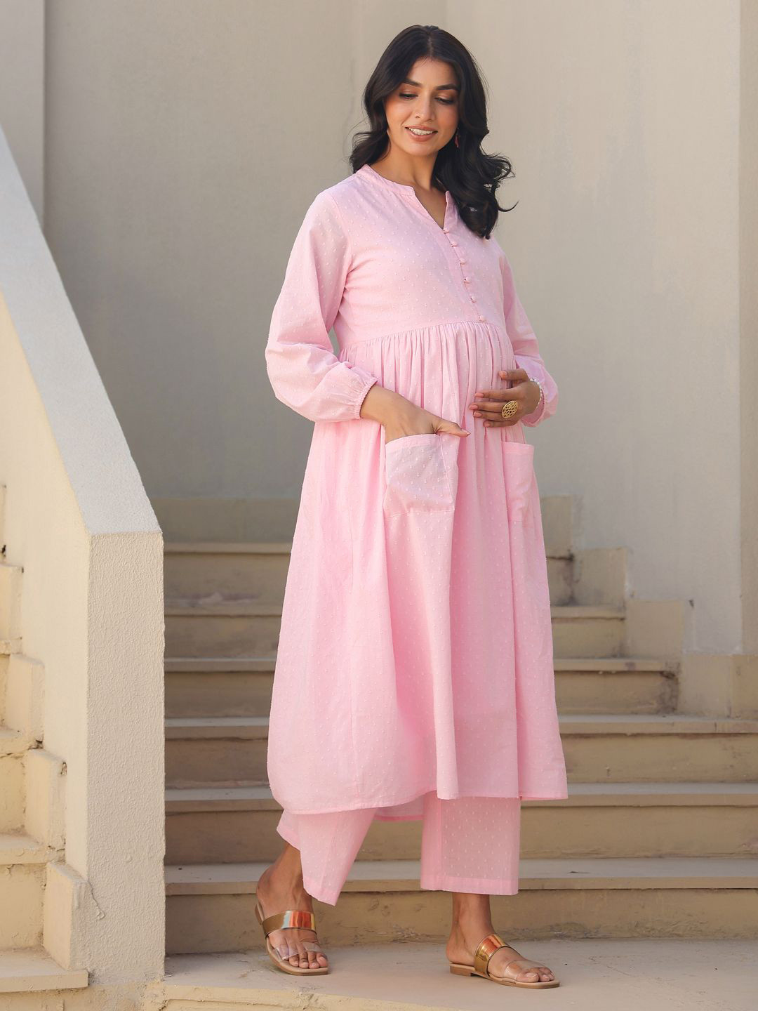 Janasya Women Light Pink Dobby Pure Cotton Self Design A-line Maternity Kurta Pant Set