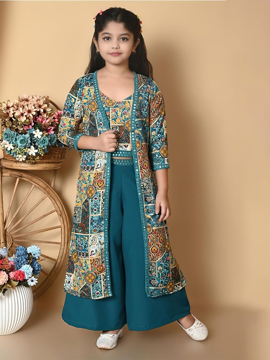 Jhilik Garments Girls Floral Printed Cotton Silk Top With Palazzo & Shrug