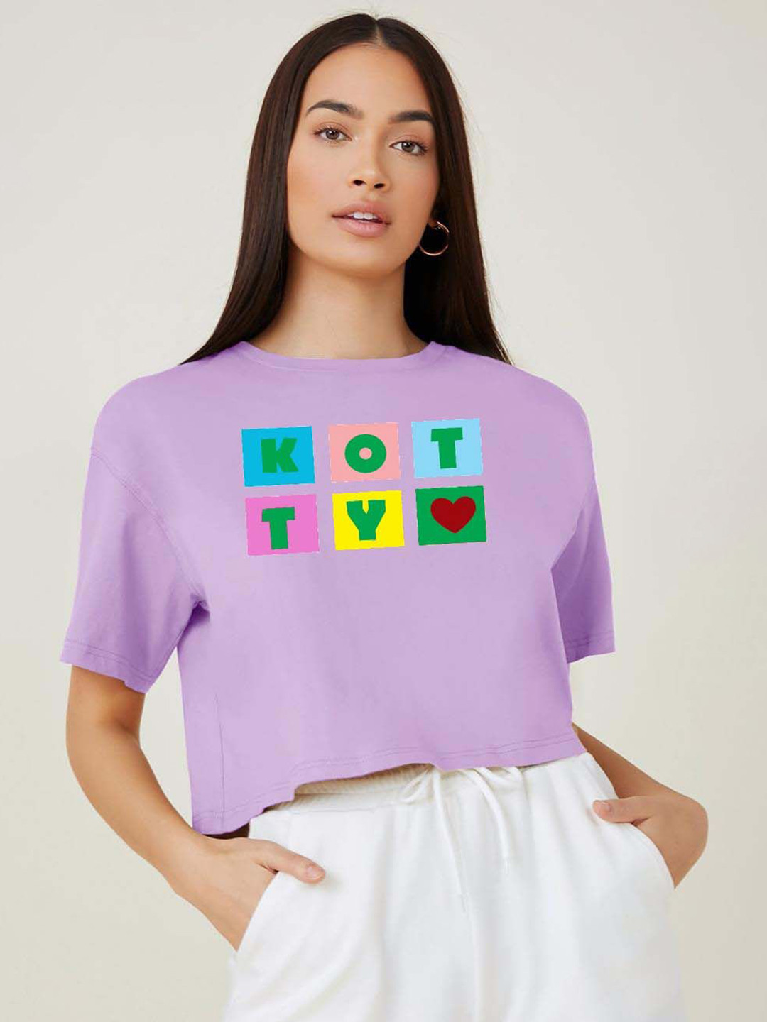 Purple Typography Printed Boxy Crop T-shirt