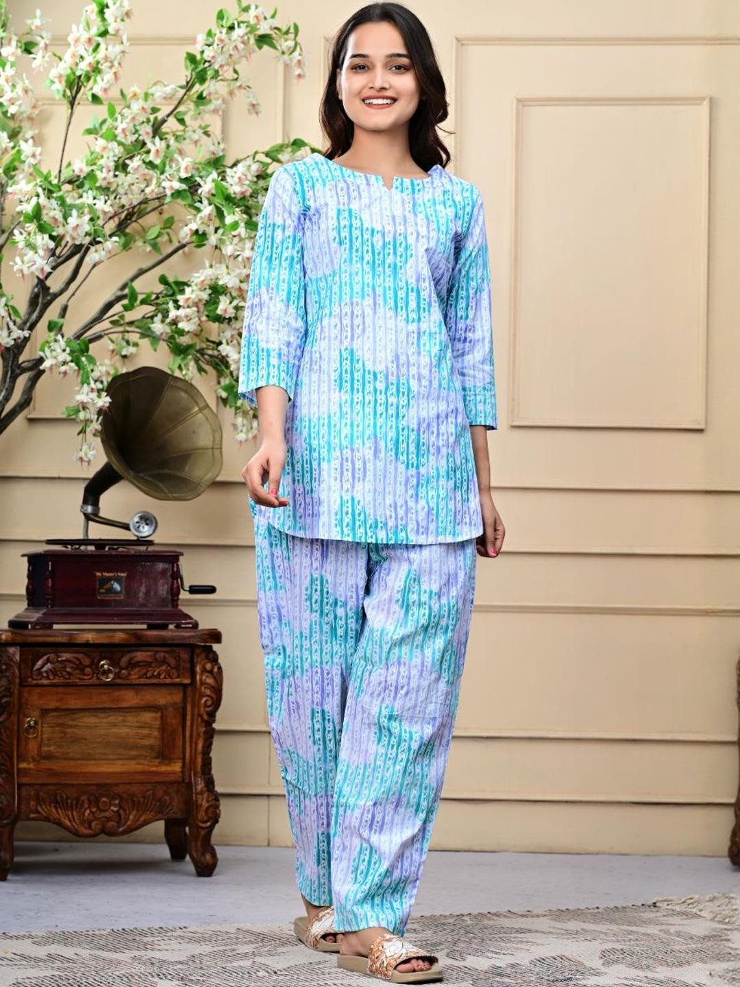 Dreambe Adults-Women Blue Pure Cotton Night suits