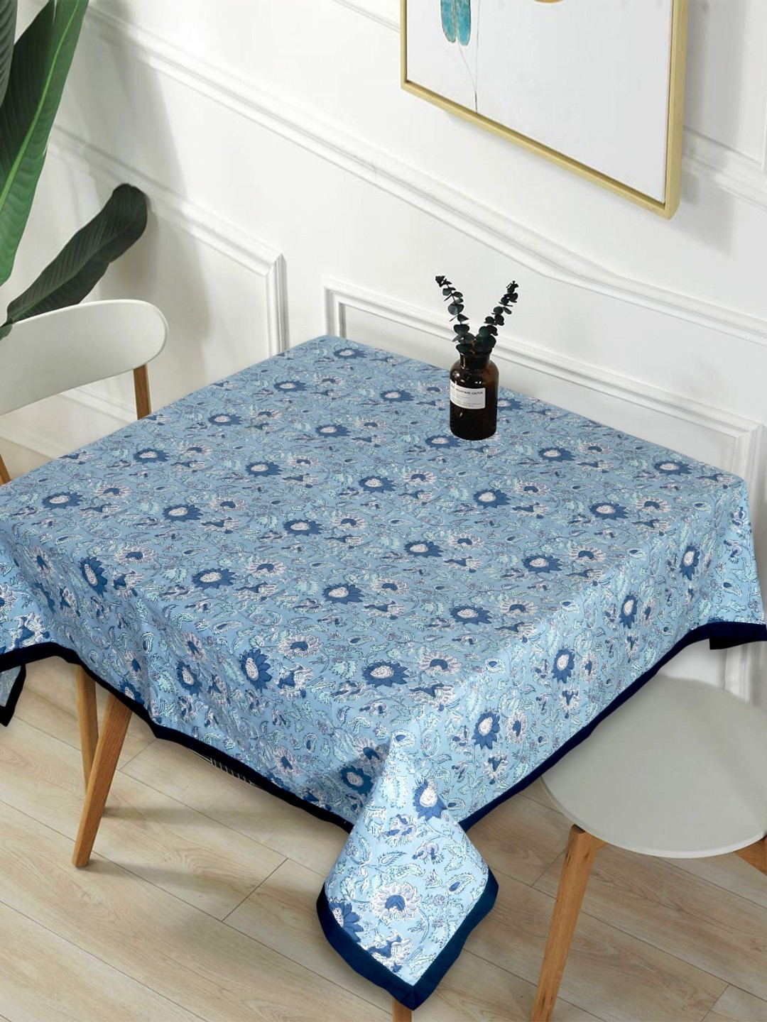 Texstylers Blue Floral Anti-Slip Cotton 2-Seater Table Cover