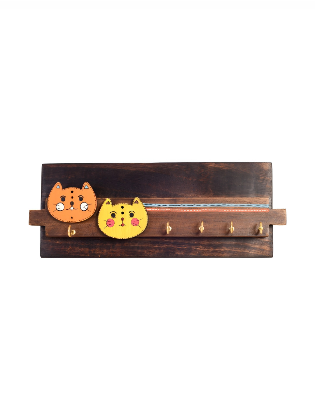 AAKRITI ART CREATIONS Brown & Yellow Wood Meow Key Hanger With Cat Motifs
