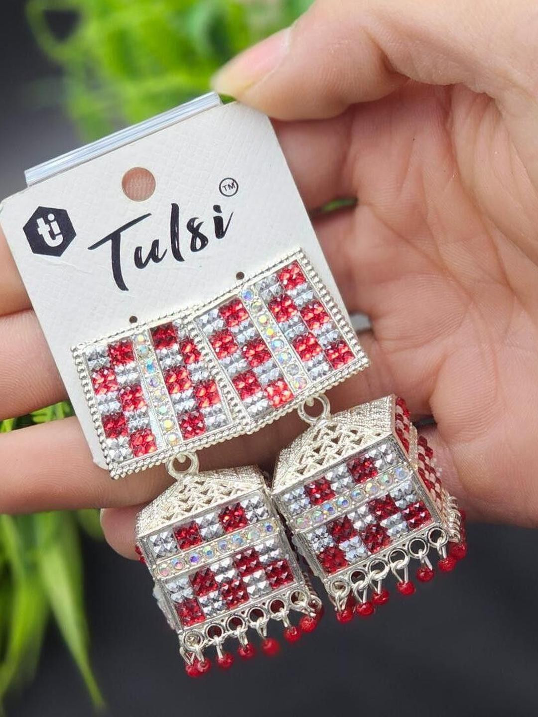 tulsi imitation Silver-Plated Stones Studded & Beaded Square Shaped Jhumkas