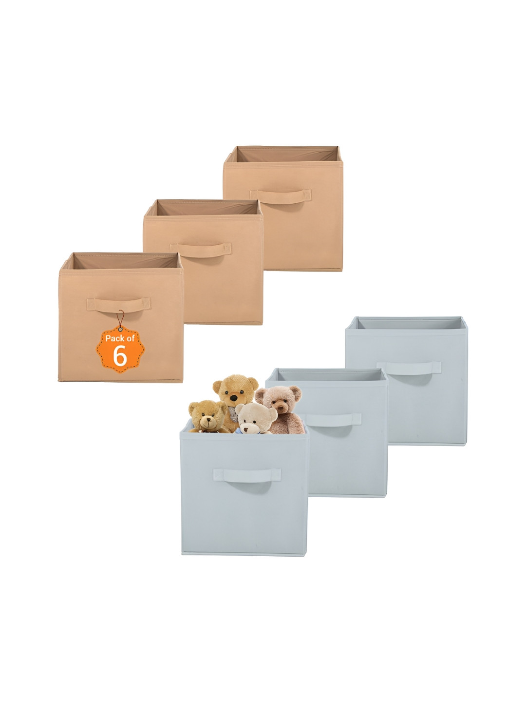 Aura Set of 6 Beige & Grey Non-Woven Wardrobe Cloth Organiser Folding Storage Toy Box