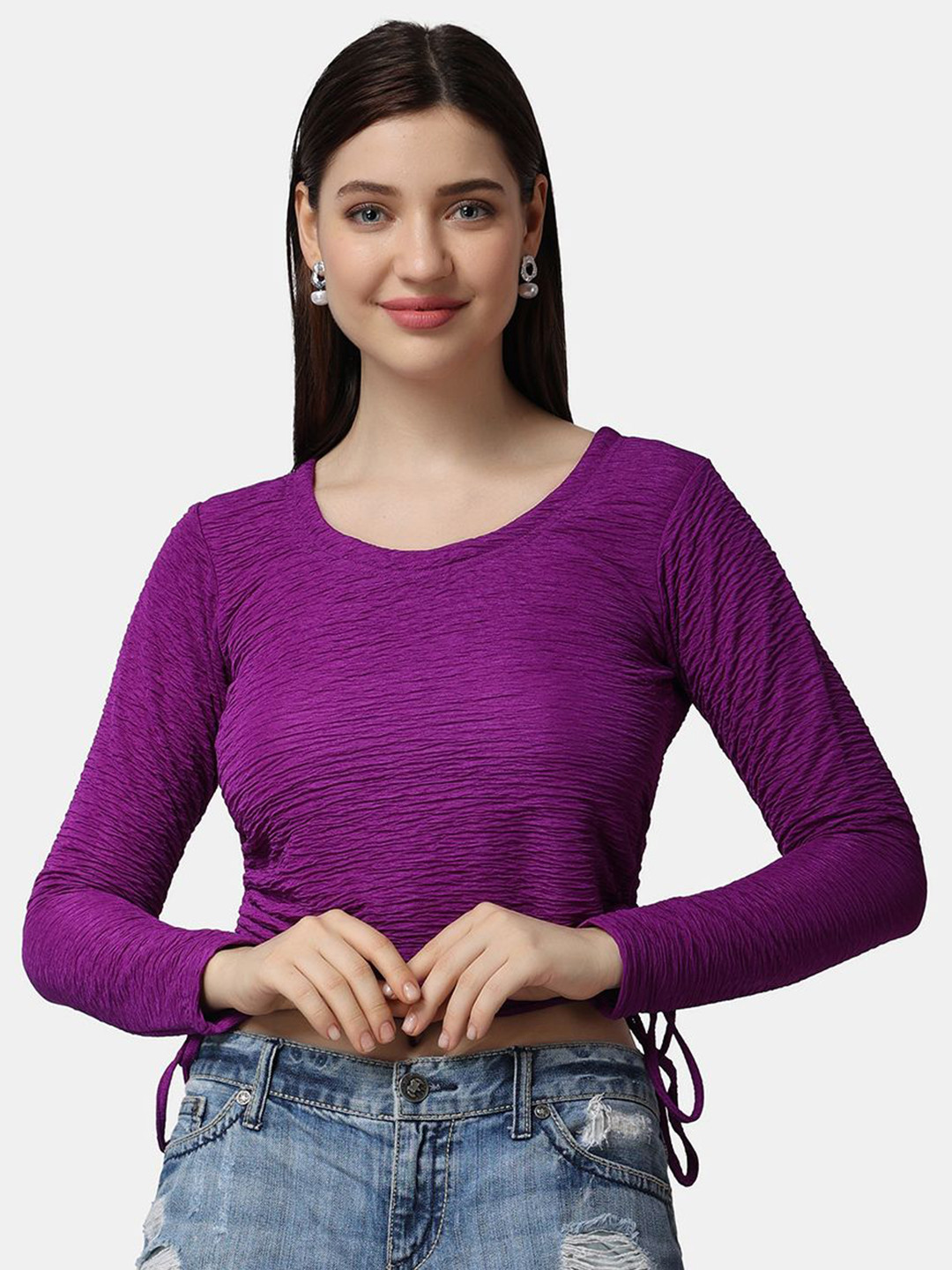 Popwings Women Casual Purple Solid Self Design Crush String Full Sleeve Crop Top