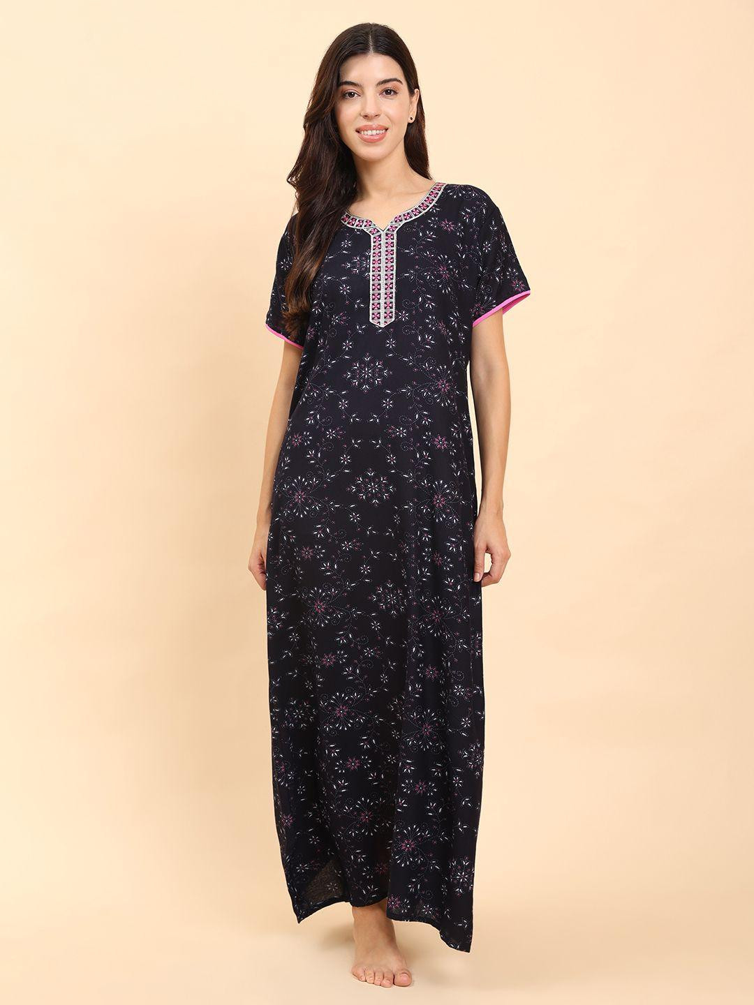 TRUNDZ Navy Blue Maxi Printed Nightdress