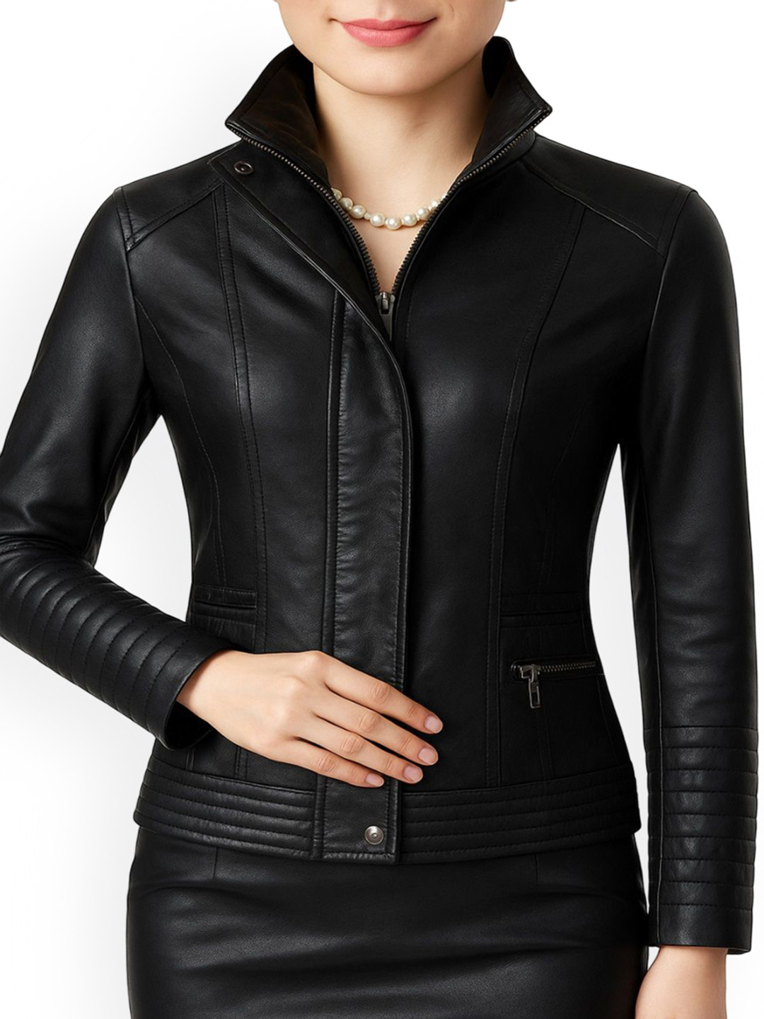 NOORA Women Mock Collar Leather Jacket