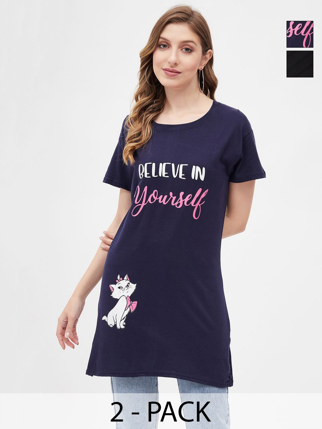 Christy World Women Graphic Solid Extended Sleeves Applique Regular Fit T-shirt