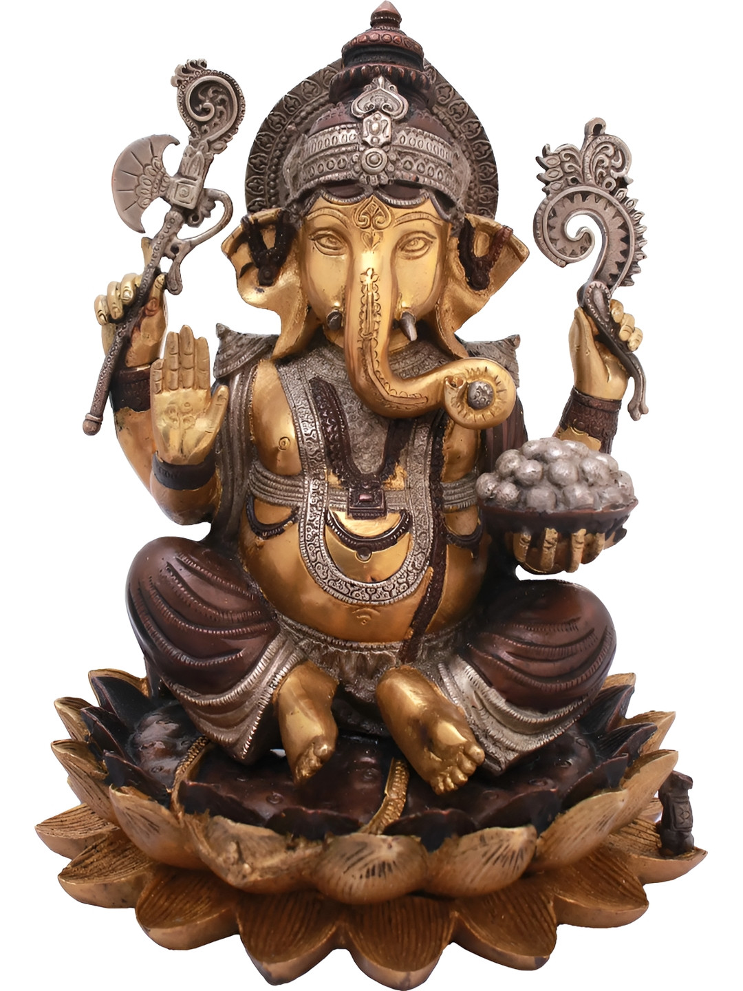 Exotic India Brown & Gold-Toned Lord Ganesha Seated on Lotus Religious Idol Showpiece